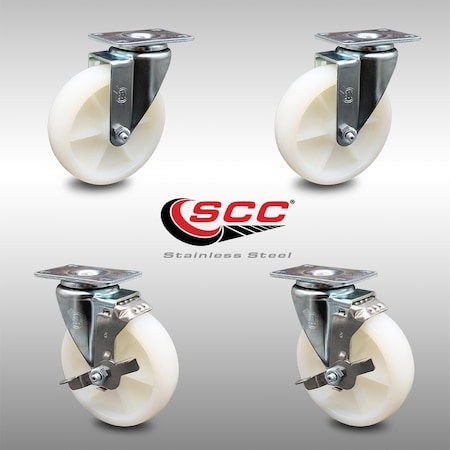 Service Caster 5 Inch SS Nylon Wheel Swivel Top Plate Caster Set with 2 Brakes SCC-SS20S514-NYS-2-TLB-2